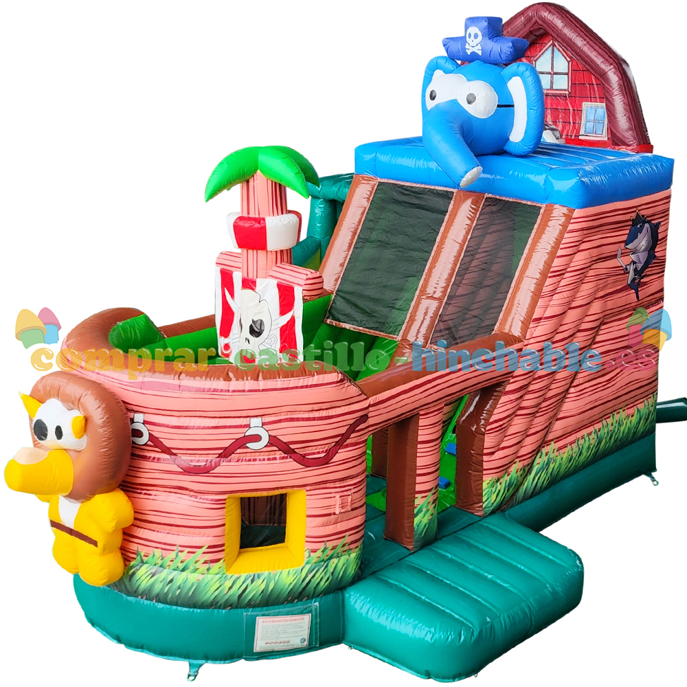 Castillo hinchable Animales en barco pirata
